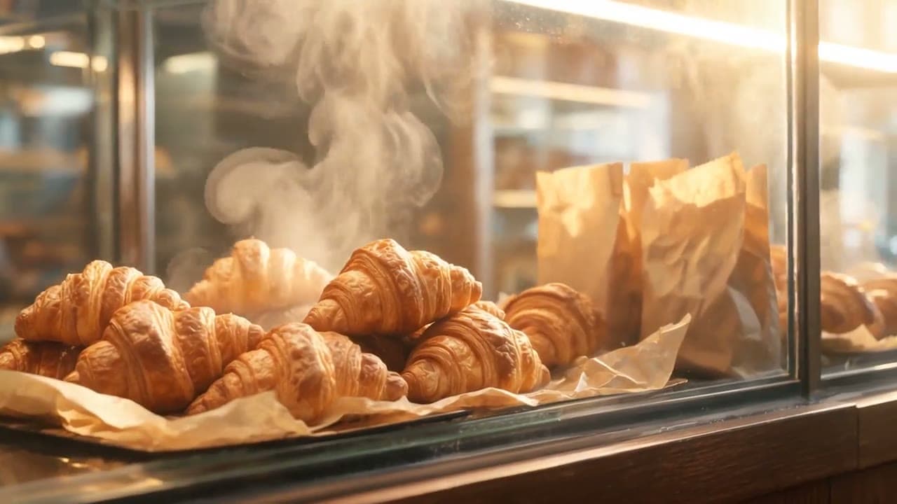A bakery video ad made in one evening: display case, fresh tray, slow-motion croissant