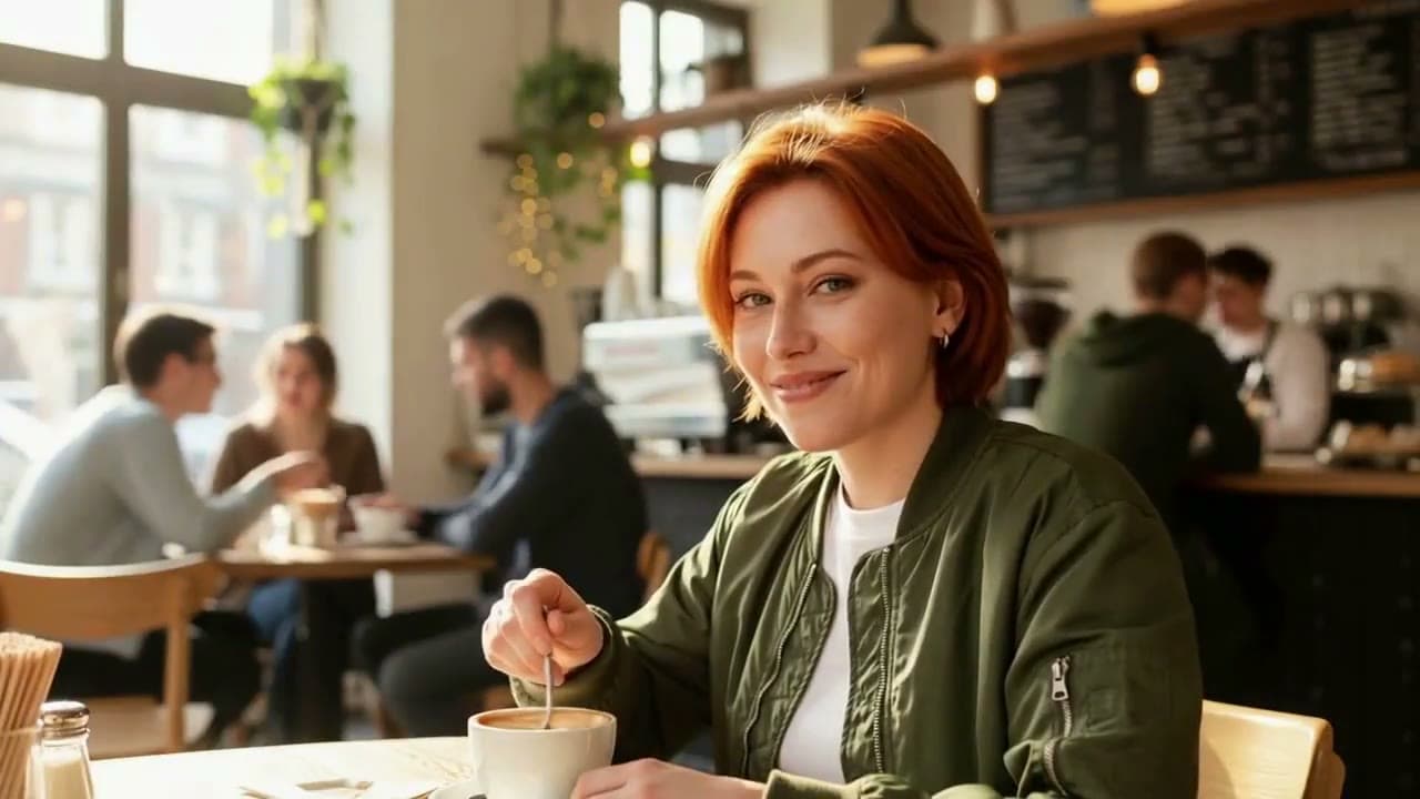 Same face in every scene: Mia in a cafe, on a rooftop and in the rain
