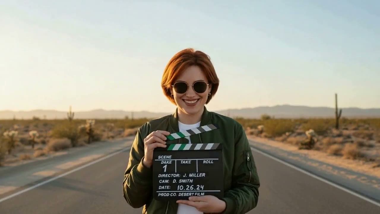 An AI movie in three scenes: clapperboard, desert road, screening room
