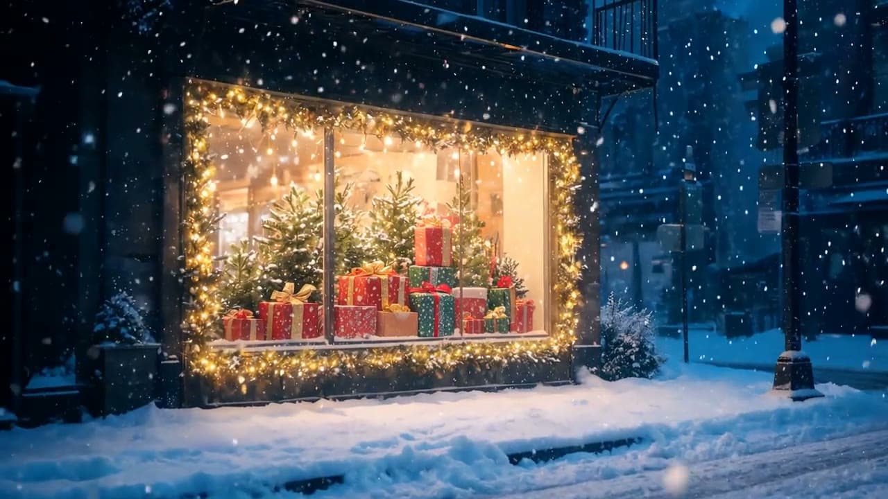 A winter gifting spot generated in September: snowy window, fireplace ribbon, slow-motion gift