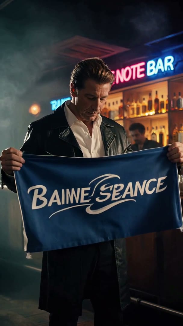 Seedance 1.5 Pro: man in a leather jacket holds a blue banner with garbled text