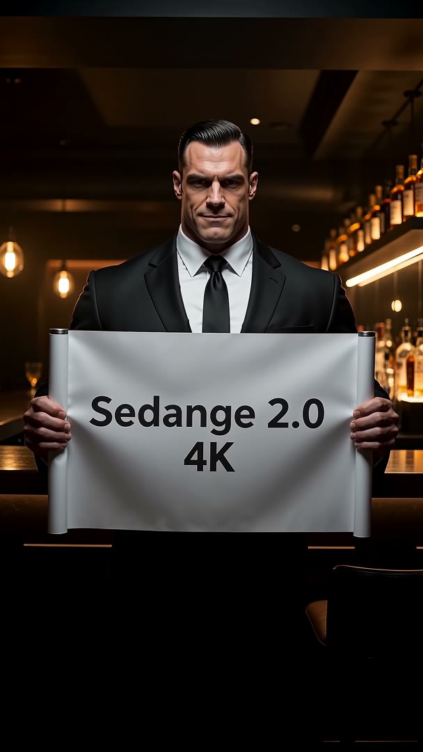 Seedance 2.0: broad-shouldered man in a black suit holds a white sheet reading Sedange 2.0 4K