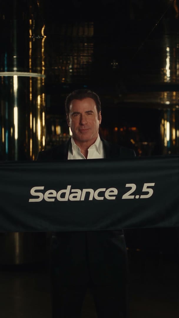 Seedance 2.5: man in a dark suit unfurls a dark banner reading Sedance 2.5