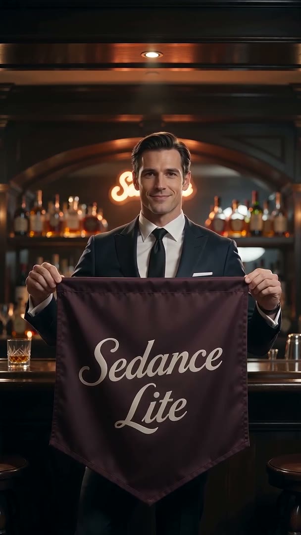 Seedance Lite: man in a suit holds a burgundy pennant reading Sedance Lite in front of a lit bar